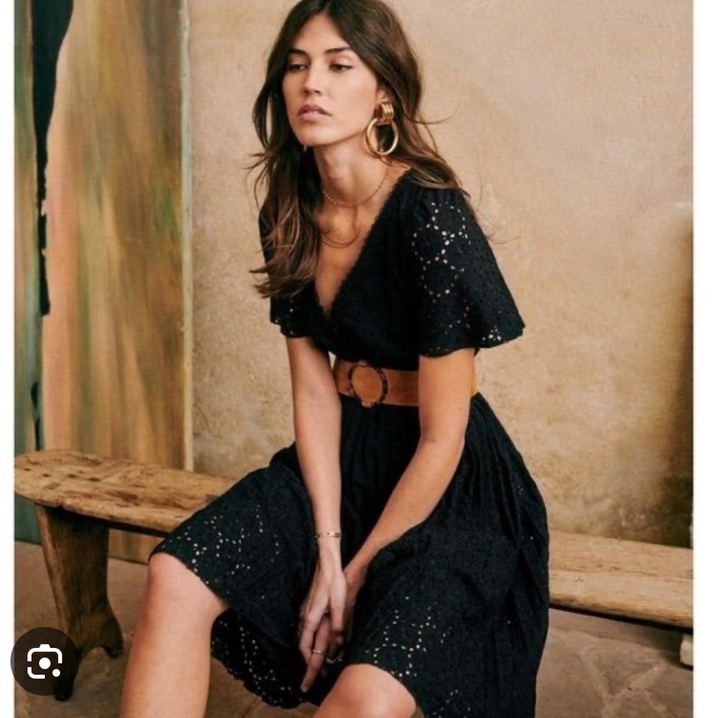 Sezane Black Eyelet V-Neck Midi Dress